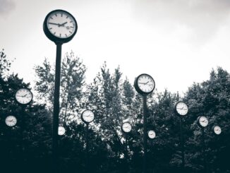 gray scale photography of clock near trees